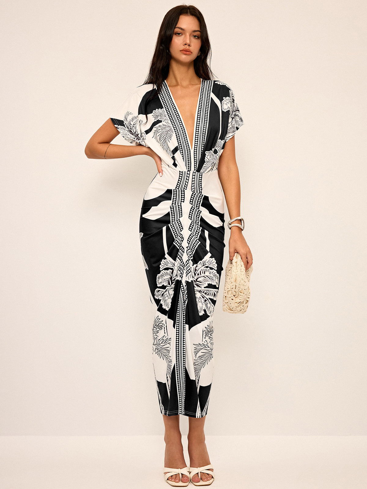 Printed Deep V-Neck Midi Dress Without Belt