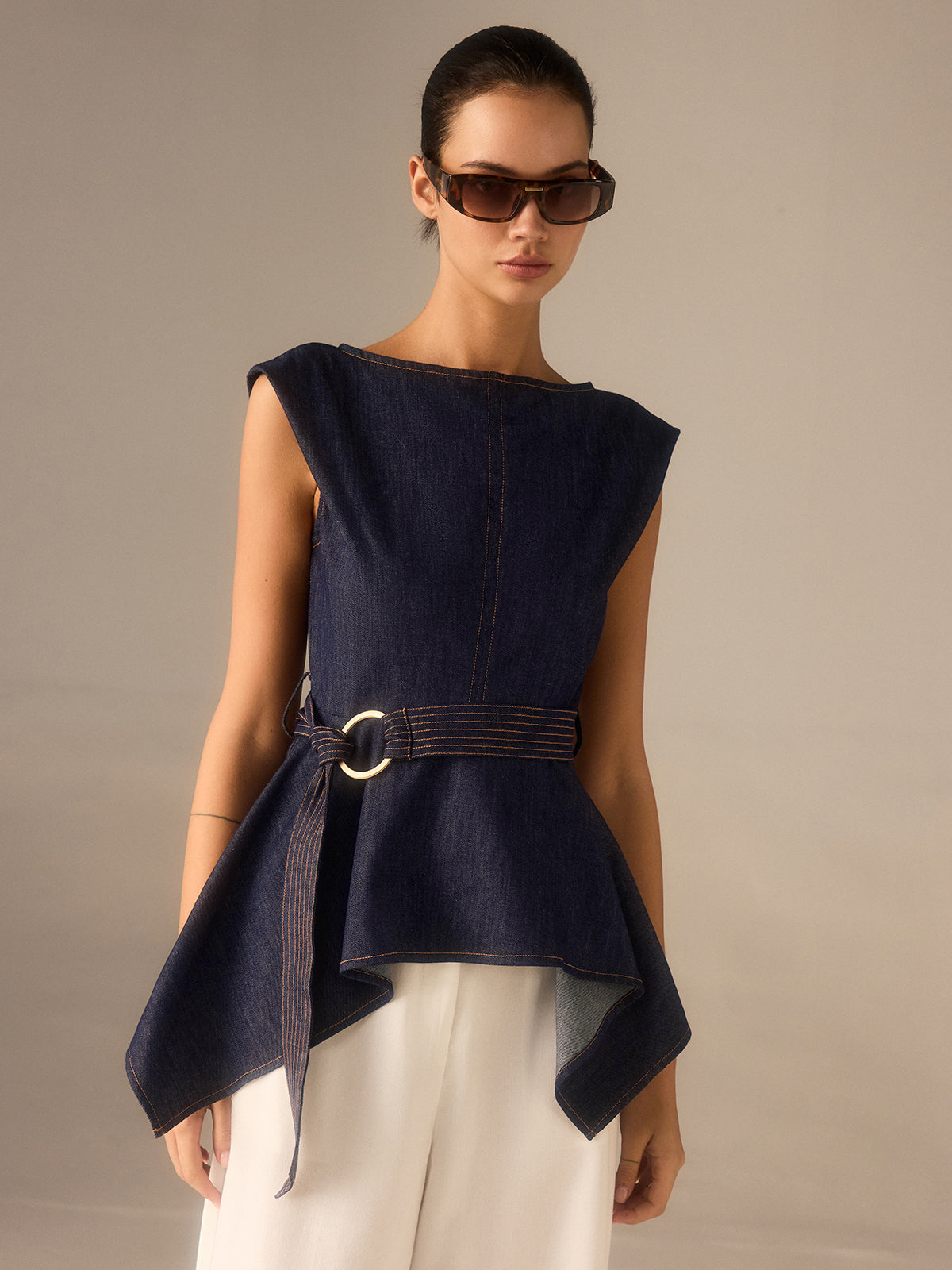 Denim Peplum Belted Top with Asymmetric Hem
