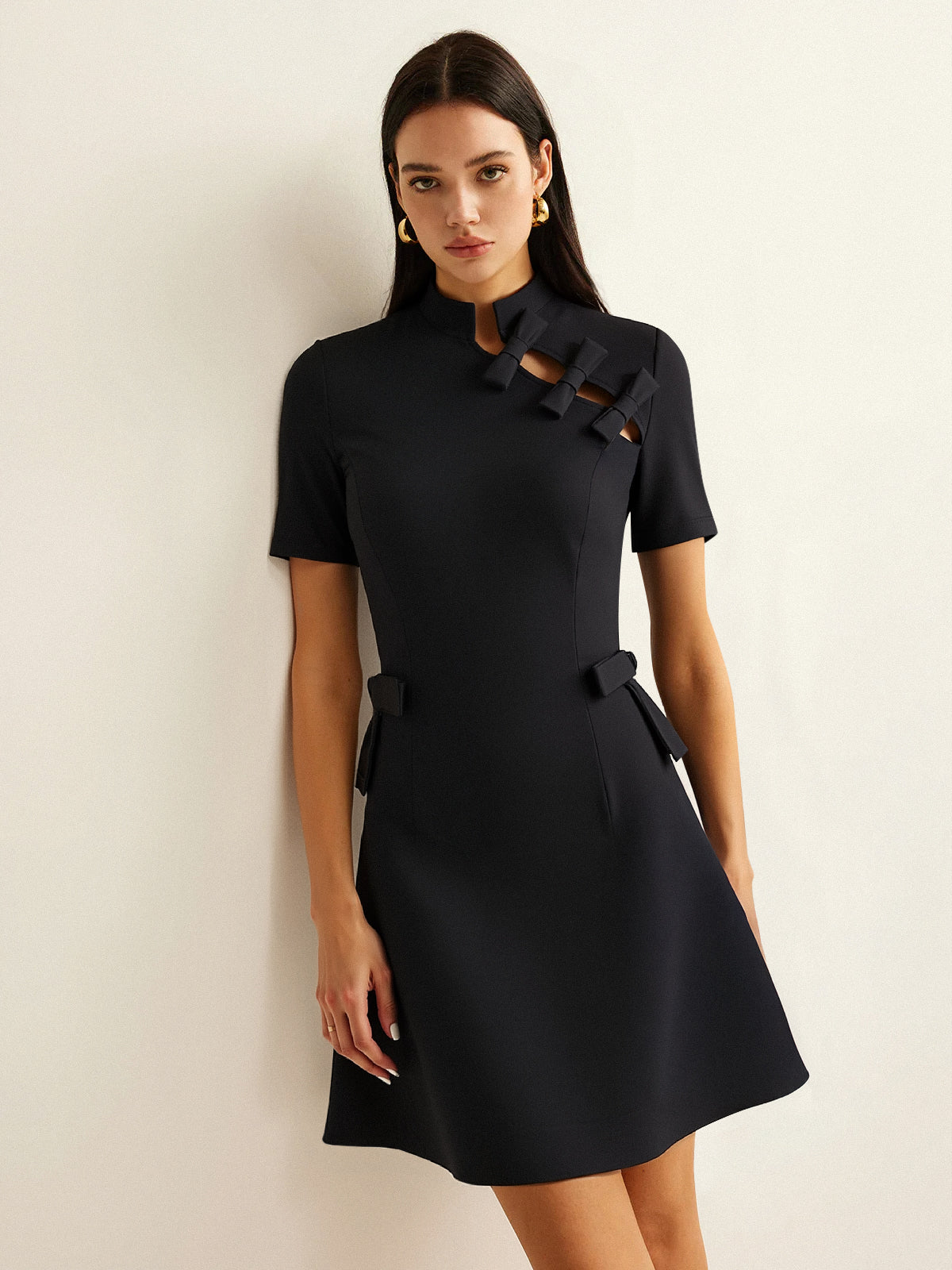 Bow Cut-Out Stand Collar Short Sleeve Dress