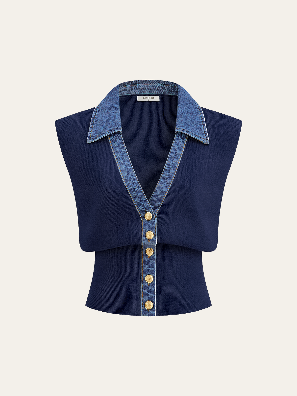 Denim Trim Metal Button Knit Vest