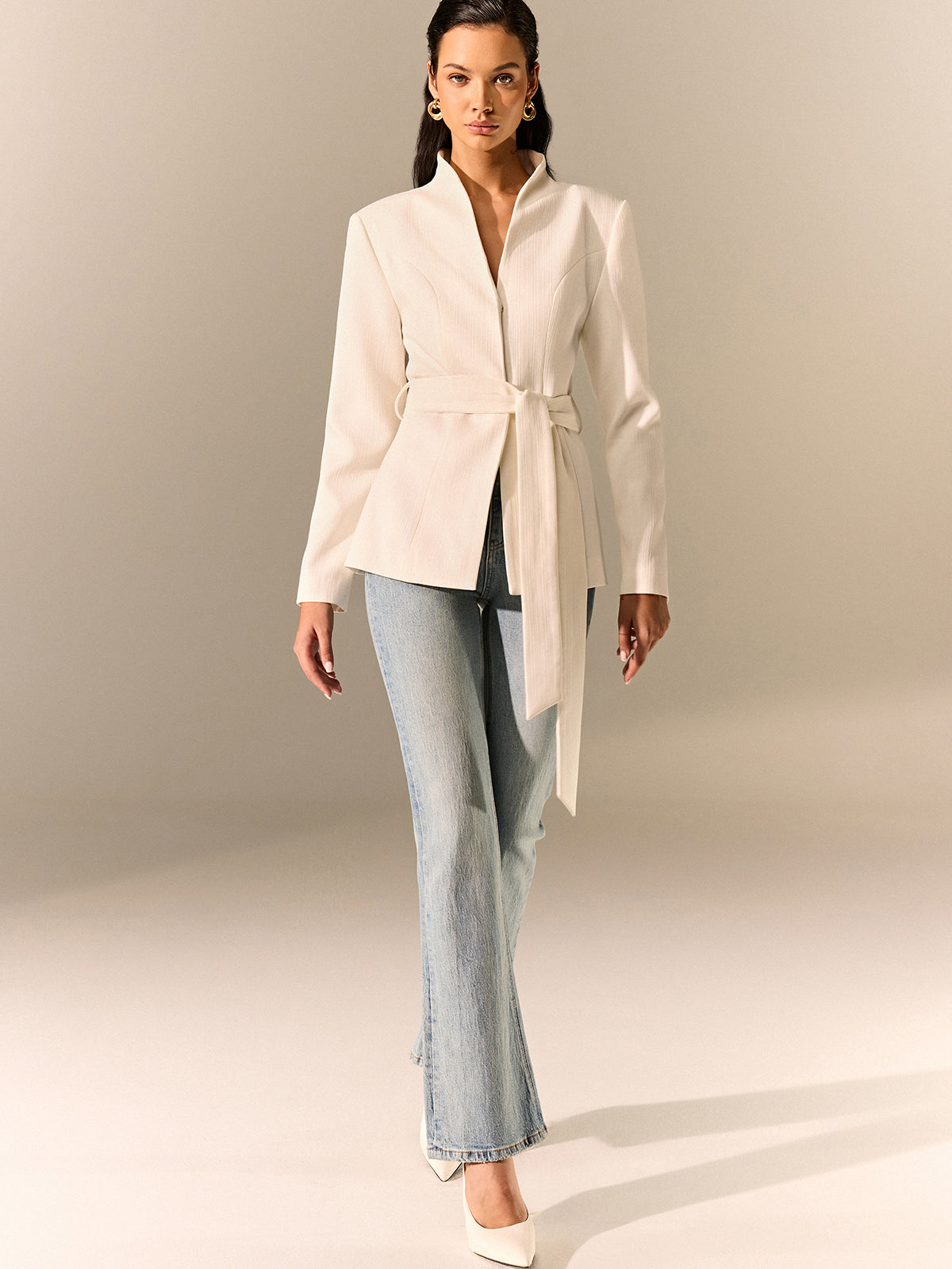 Stand Collar Belted Long Sleeve Blazer