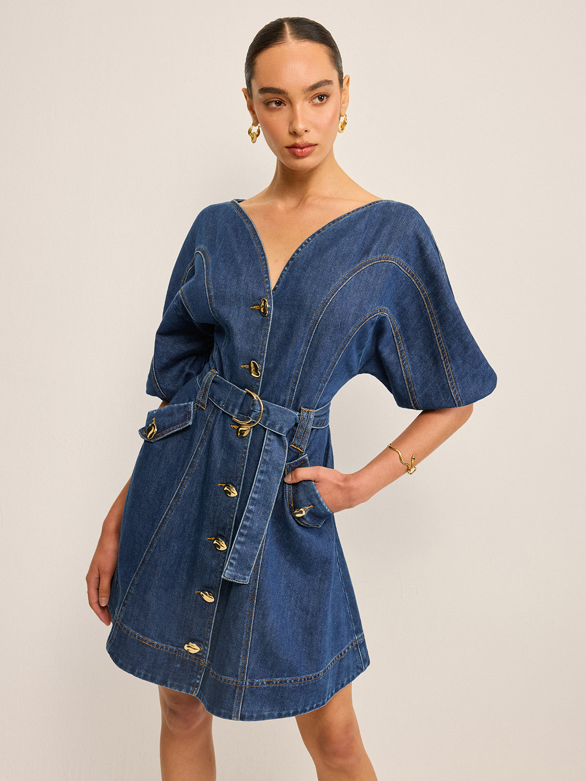 Pocketed Belted Denim Dress