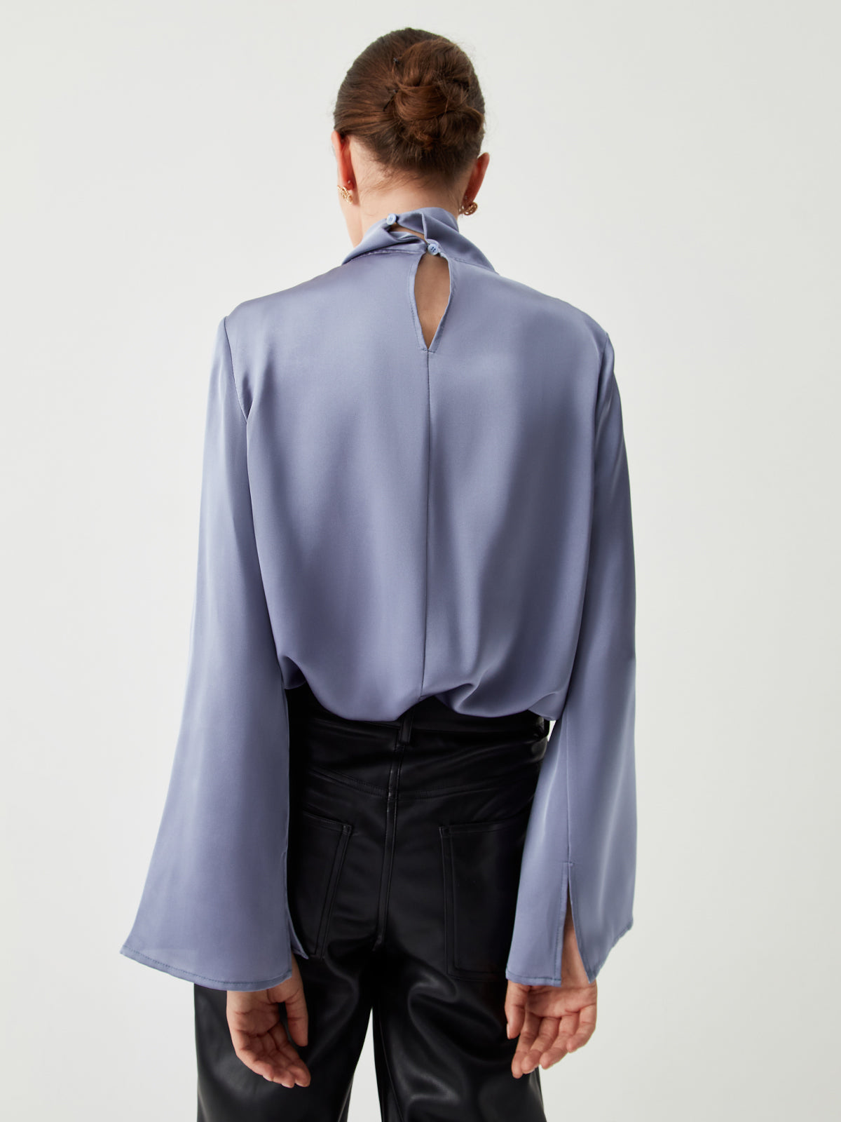 Asymmetric Pleated Turtleneck Satin Blouse