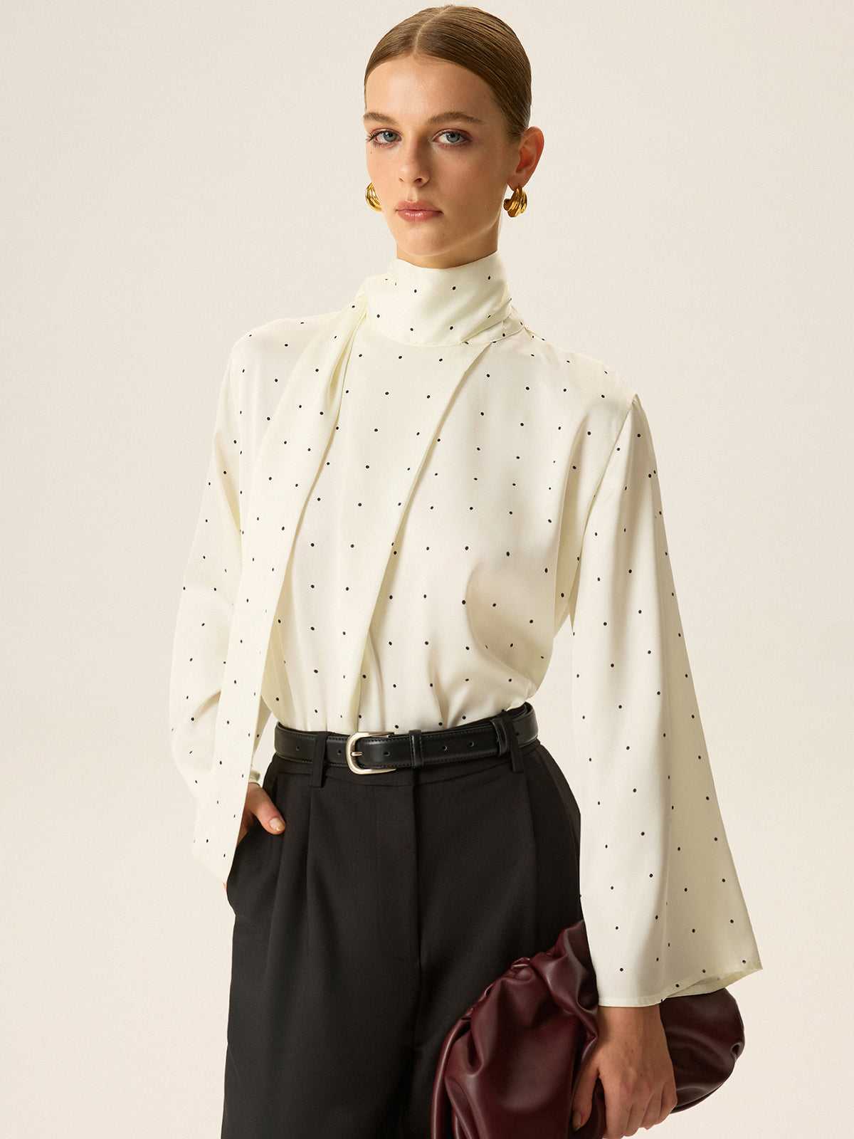 Polka Dot Satin High-Neck Blouse