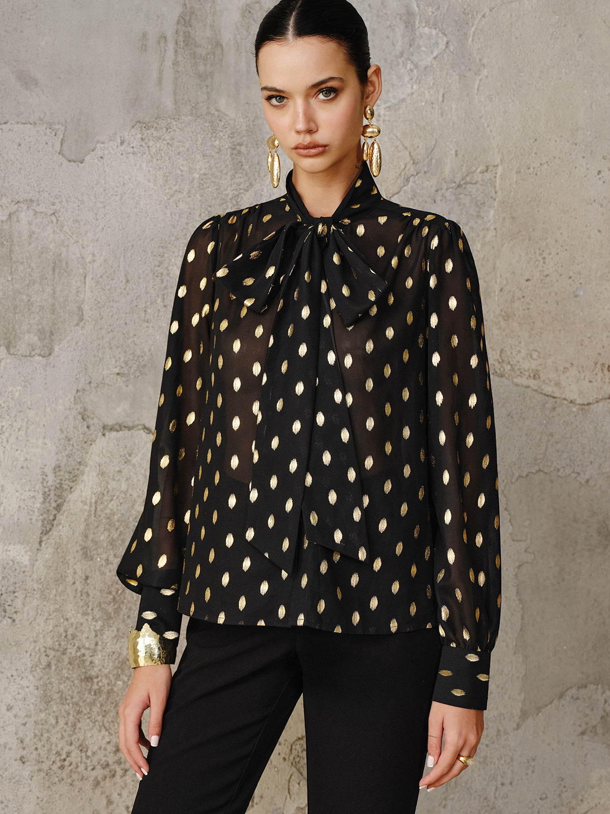 Polka Dot Bow Neckline Semi-Sheer Blouse