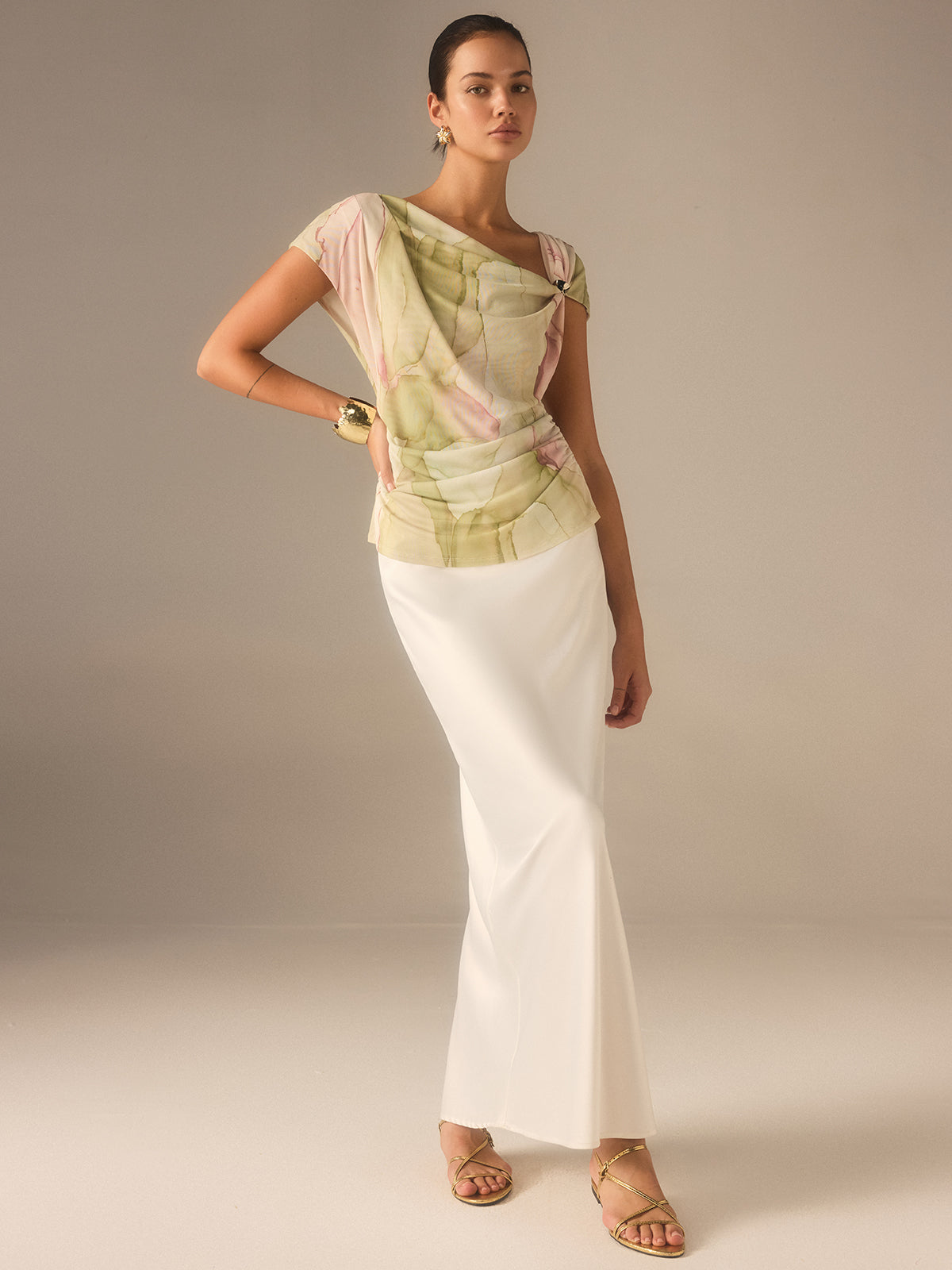 Print Asymmetric Neckline  Top