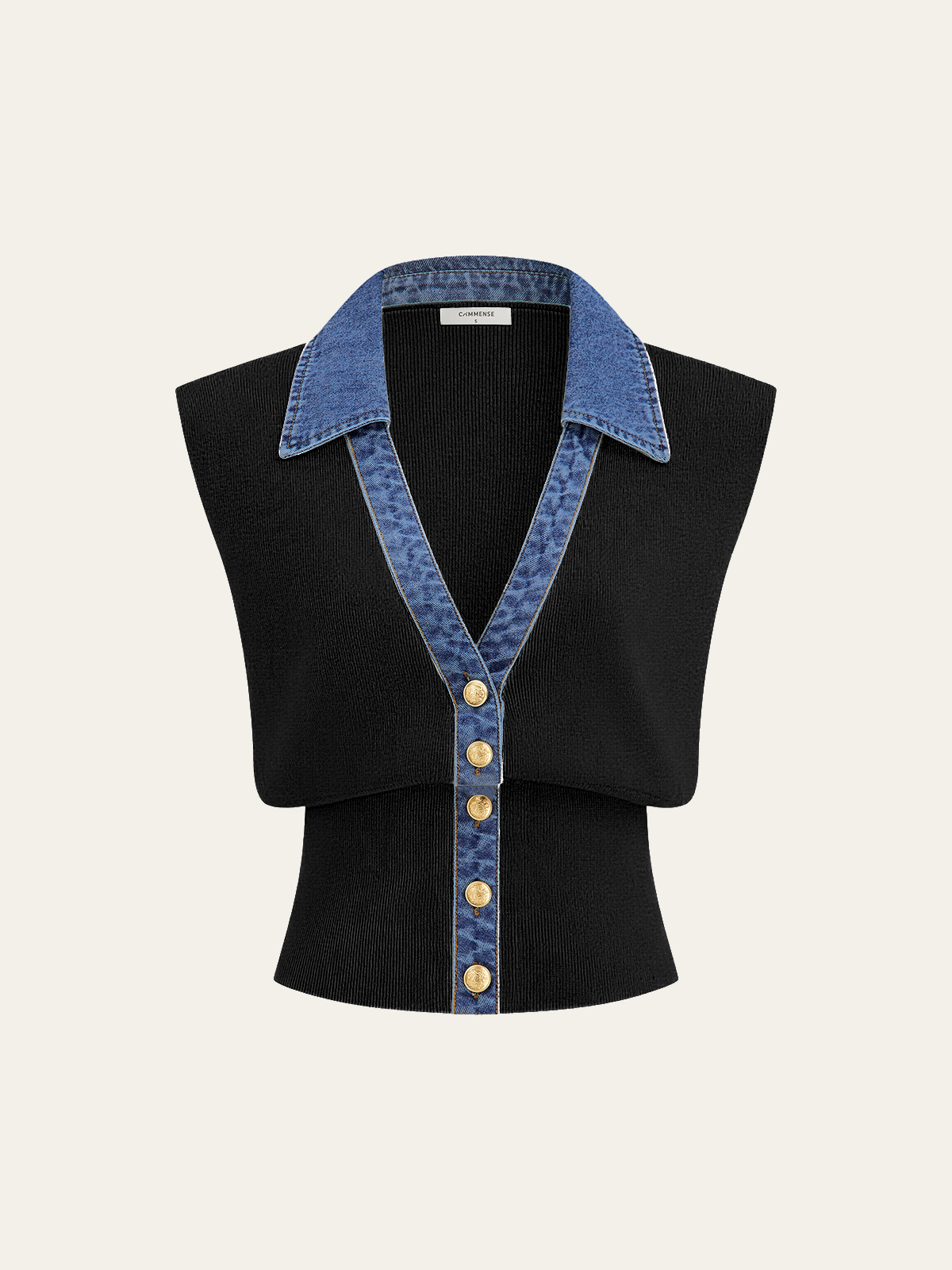 Denim Trim Metal Button Knit Vest