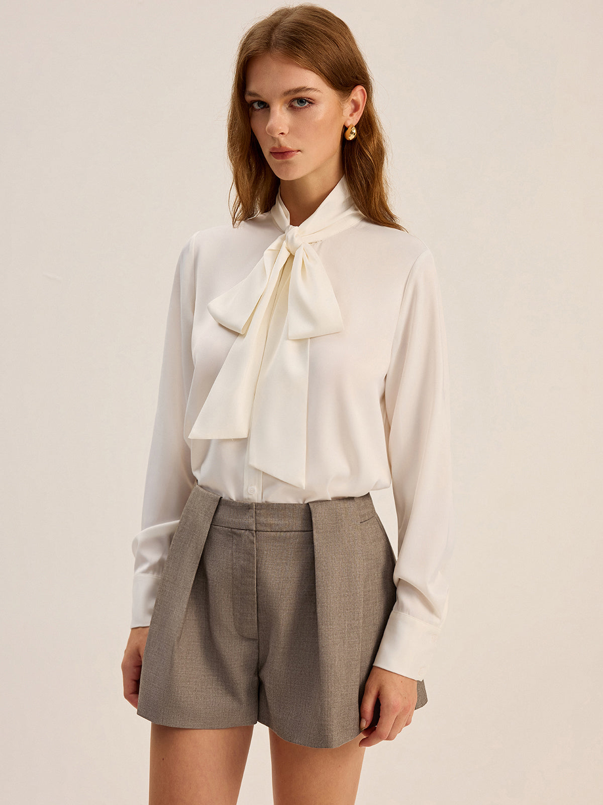Satin Bow-Tie Neck Long-Sleeve Shirt