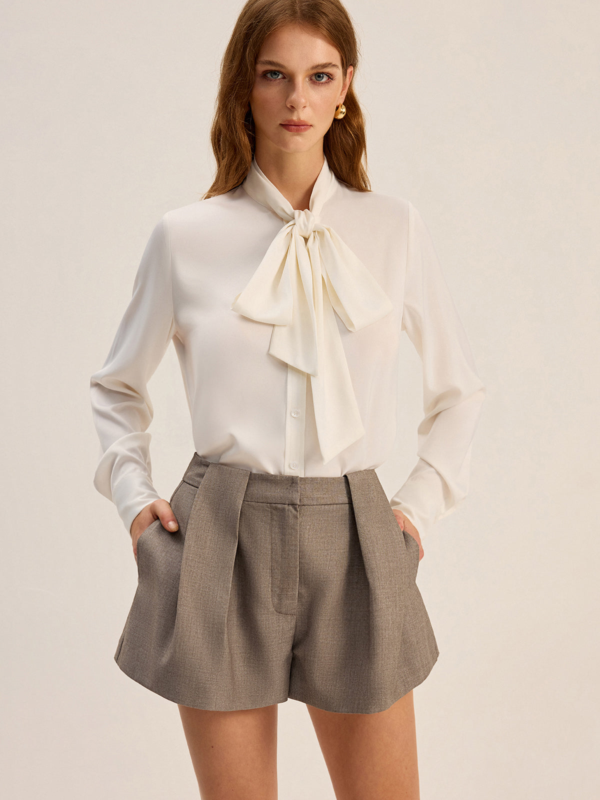 Satin Bow-Tie Neck Long-Sleeve Shirt