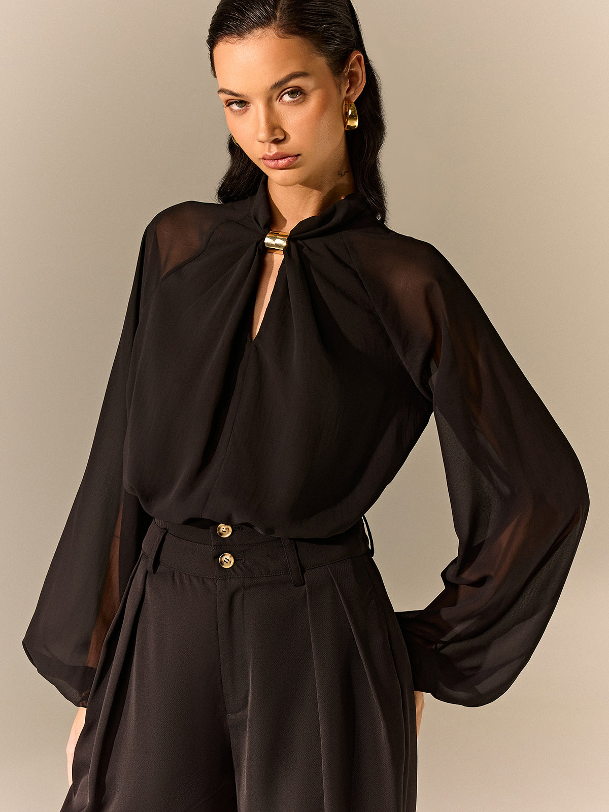 Semi-Sheer Chiffon Blouse with Neckline Metal Detail
