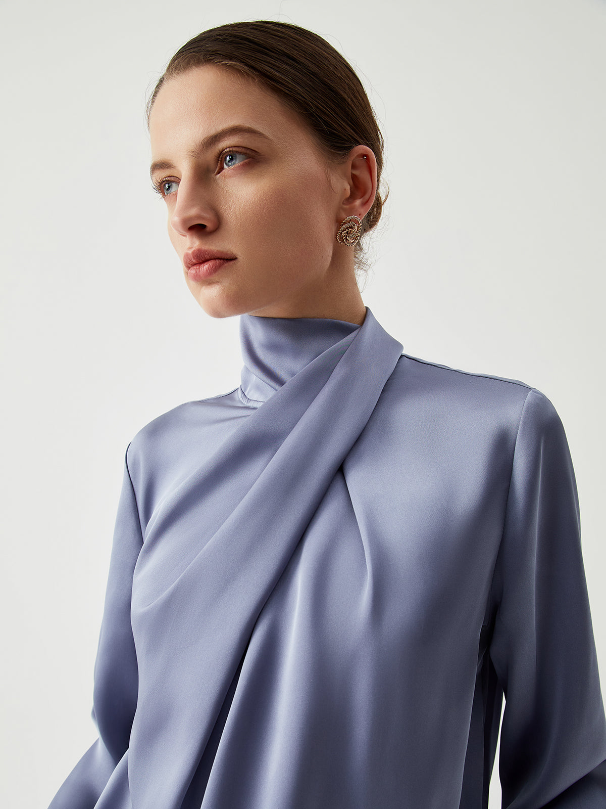 Asymmetric Pleated Turtleneck Satin Blouse