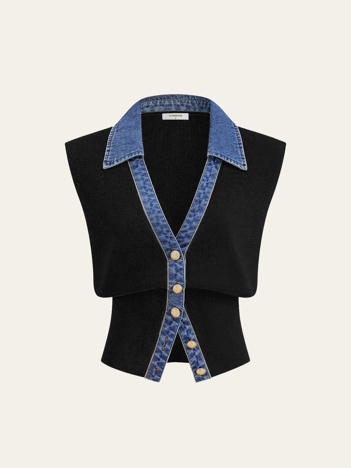 Denim Trim Metal Button Knit Vest