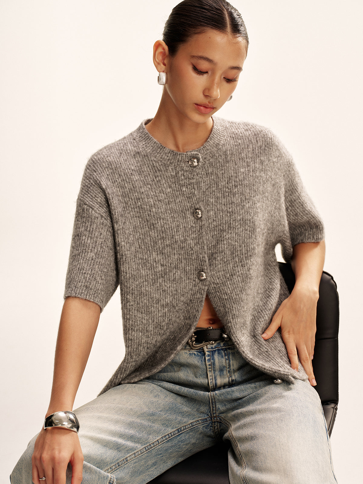 Wool-Blend Short-Sleeved Cardigan