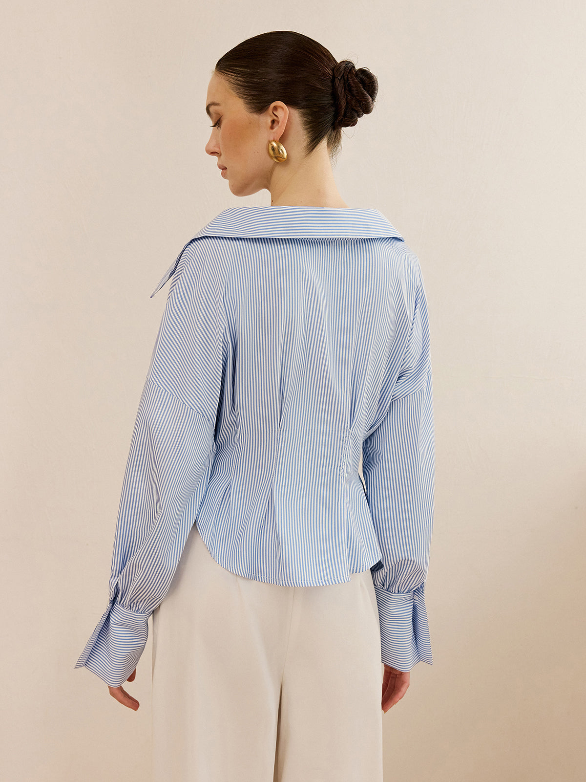 Striped Collared Shirt with Waist-Cinching Design