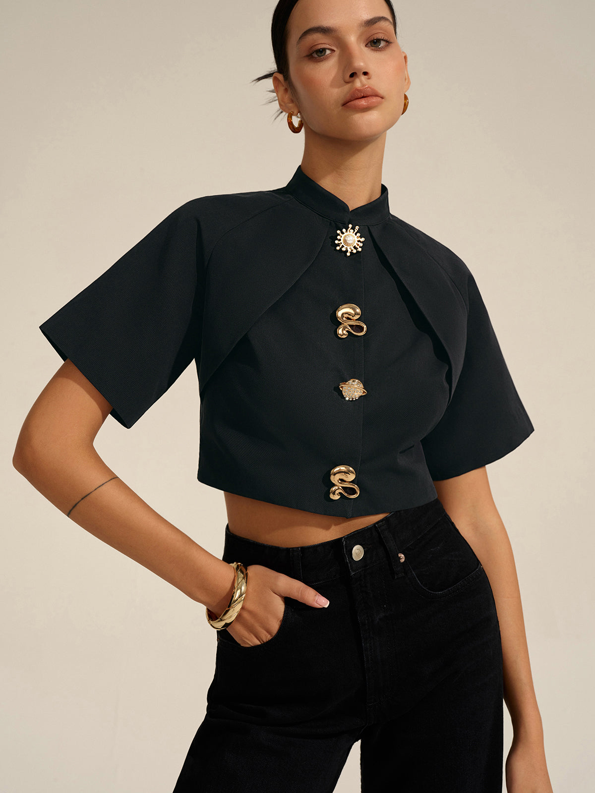 Metal Decor Cropped Blouse
