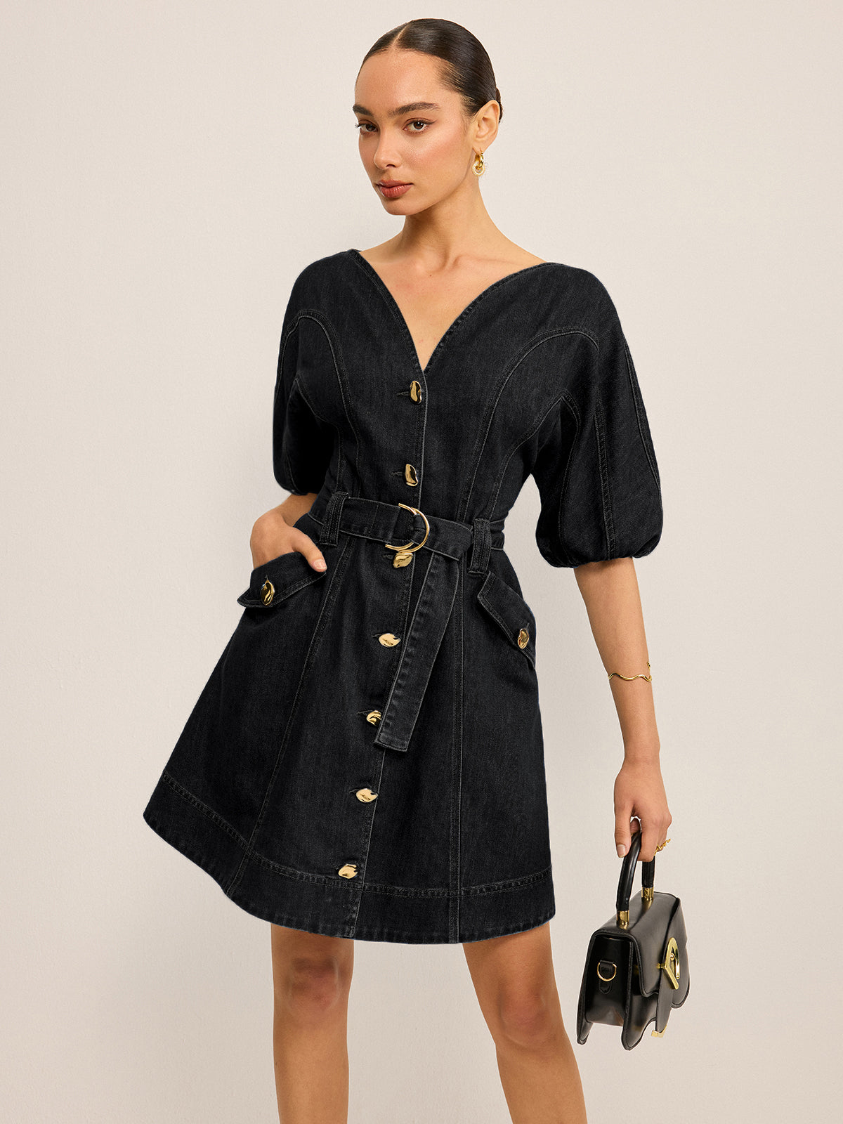 Pocketed Belted Denim Dress