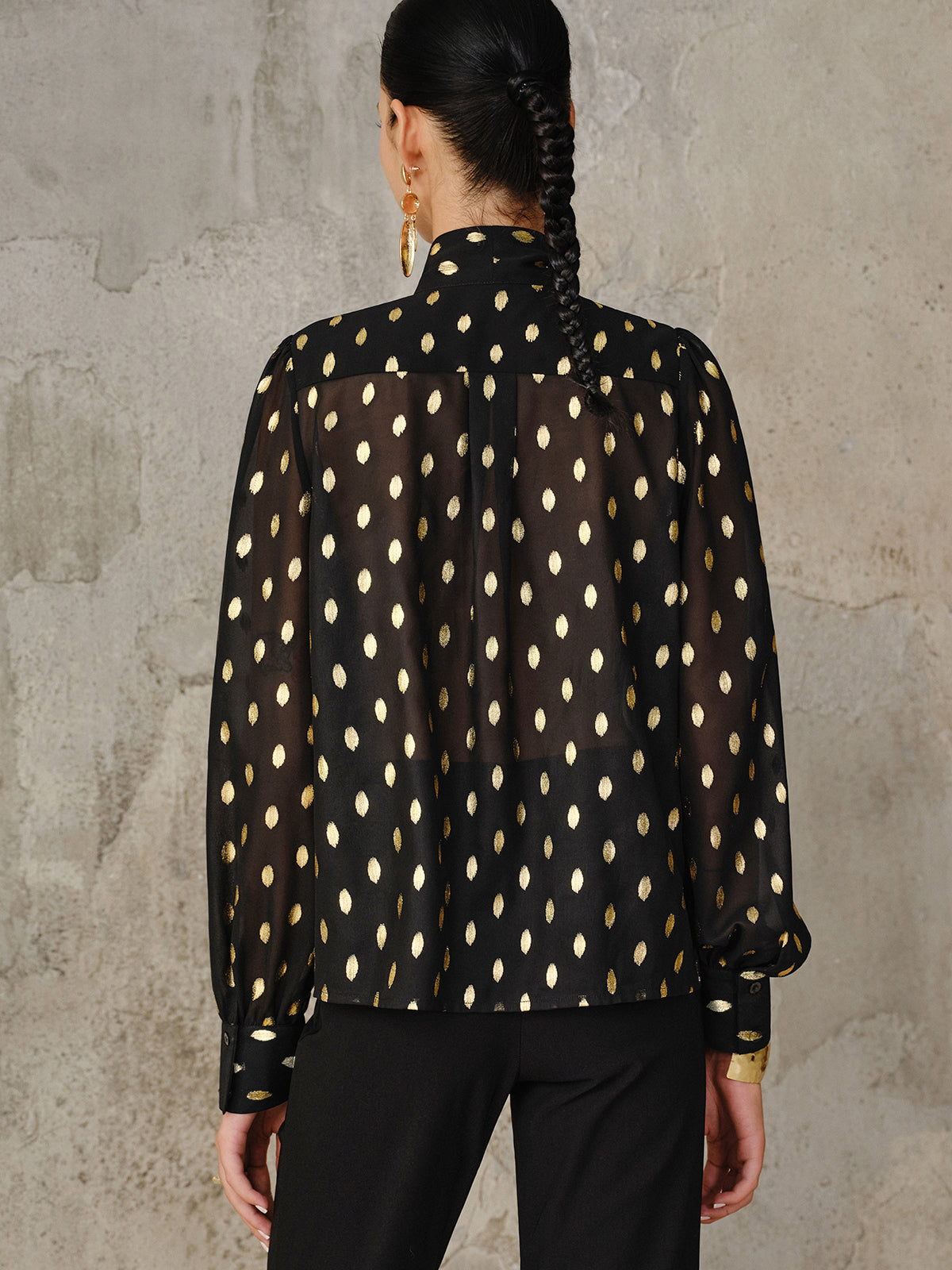 Polka Dot Bow Neckline Semi-Sheer Blouse