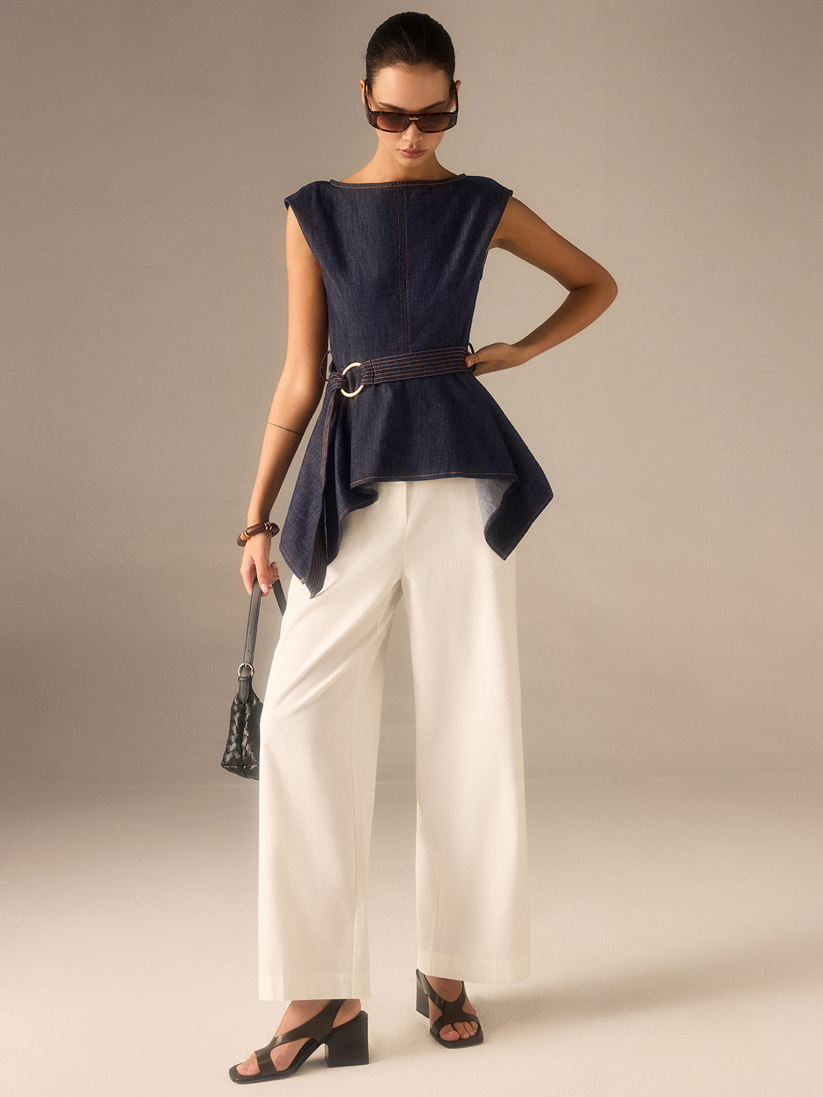 Denim Peplum Belted Top with Asymmetric Hem