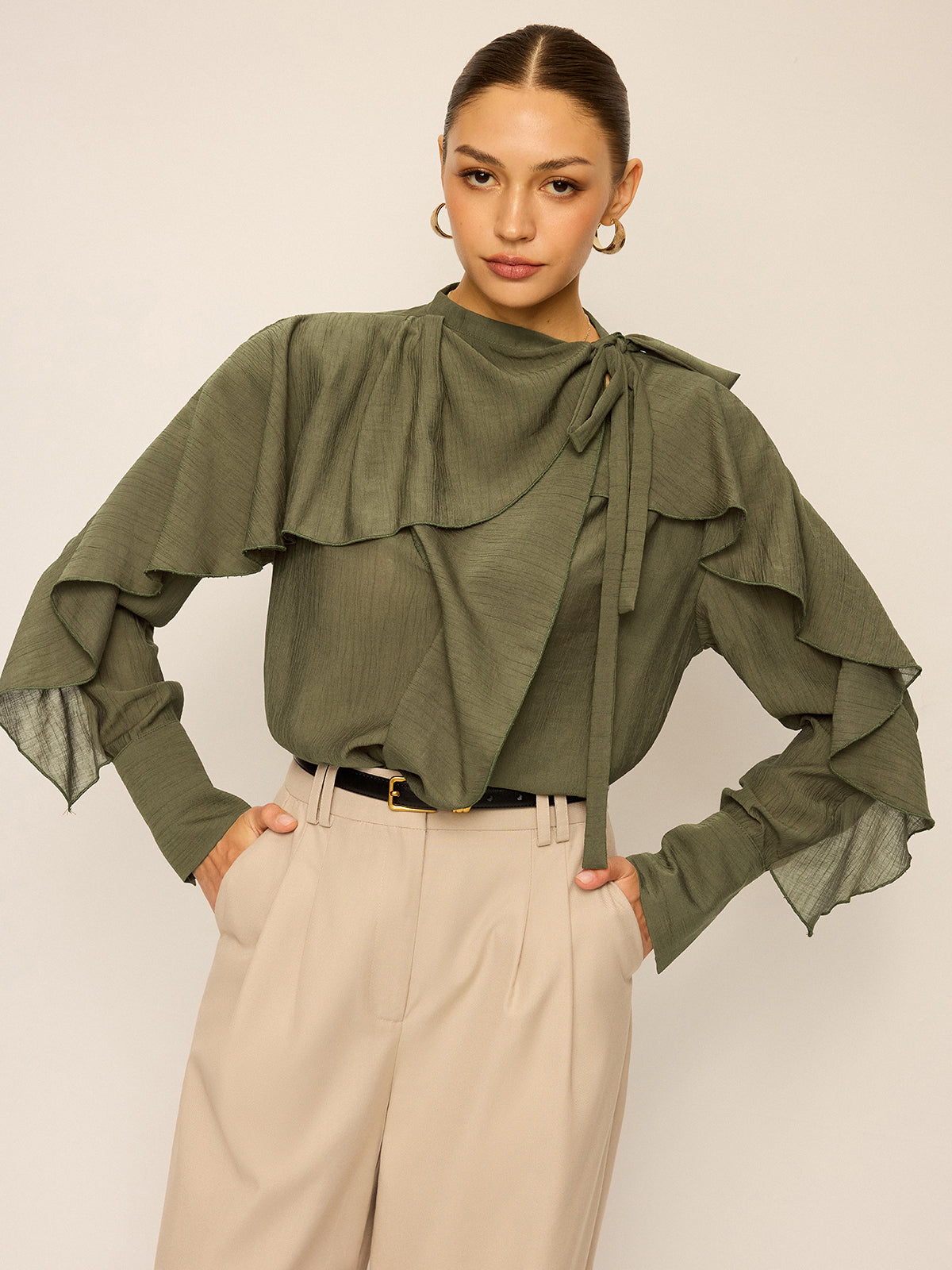 Neckline Tie Ruffled Blouse