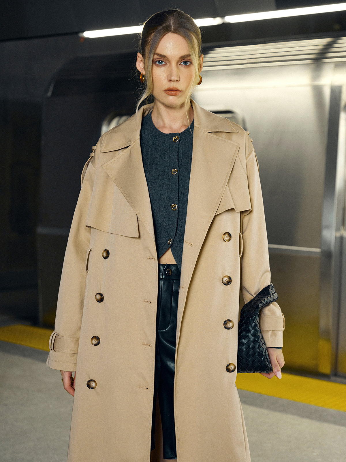 Cotton-Blend Double-Breasted Belted Long Trench Coat