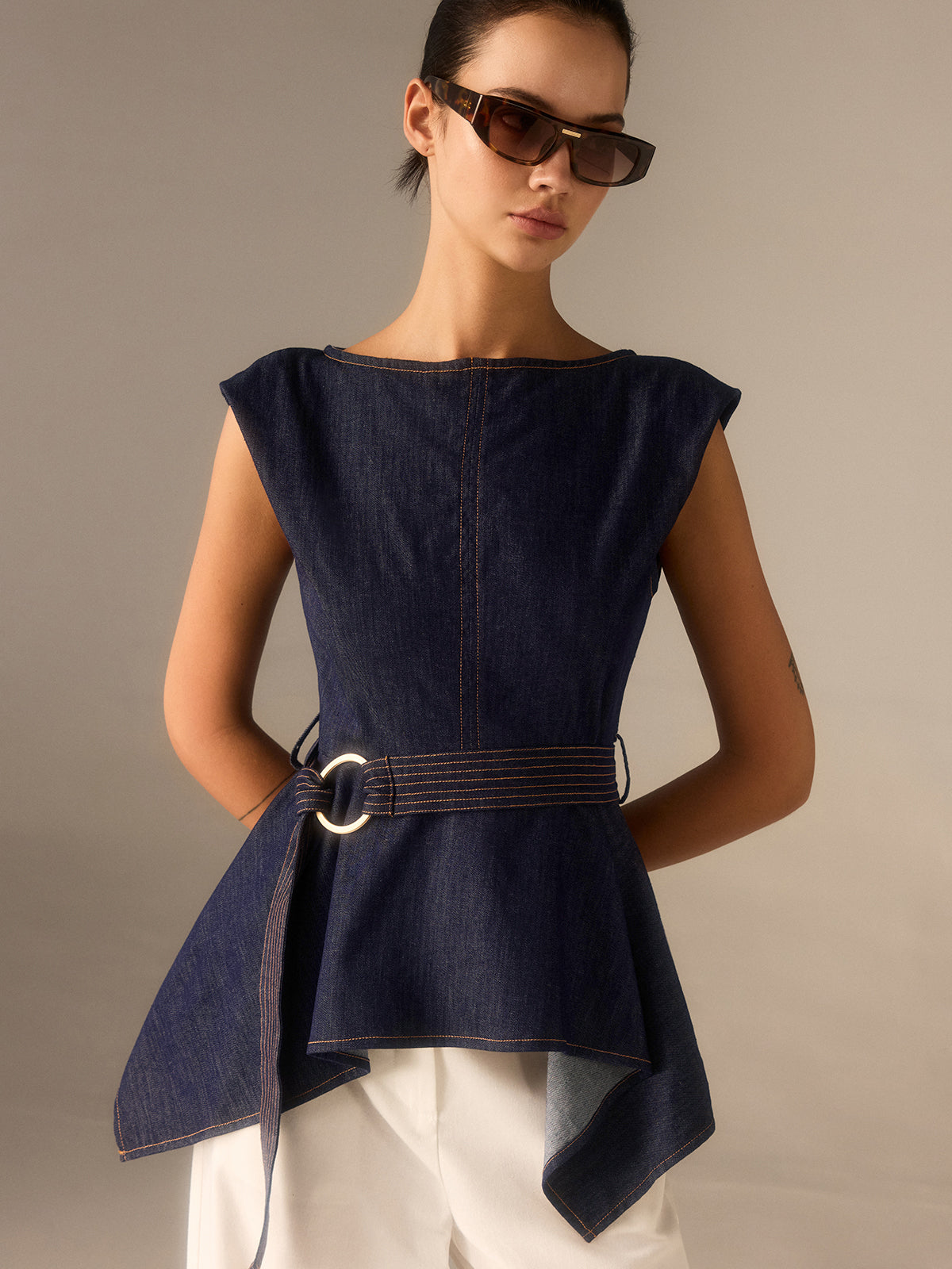 Denim Peplum Belted Top with Asymmetric Hem