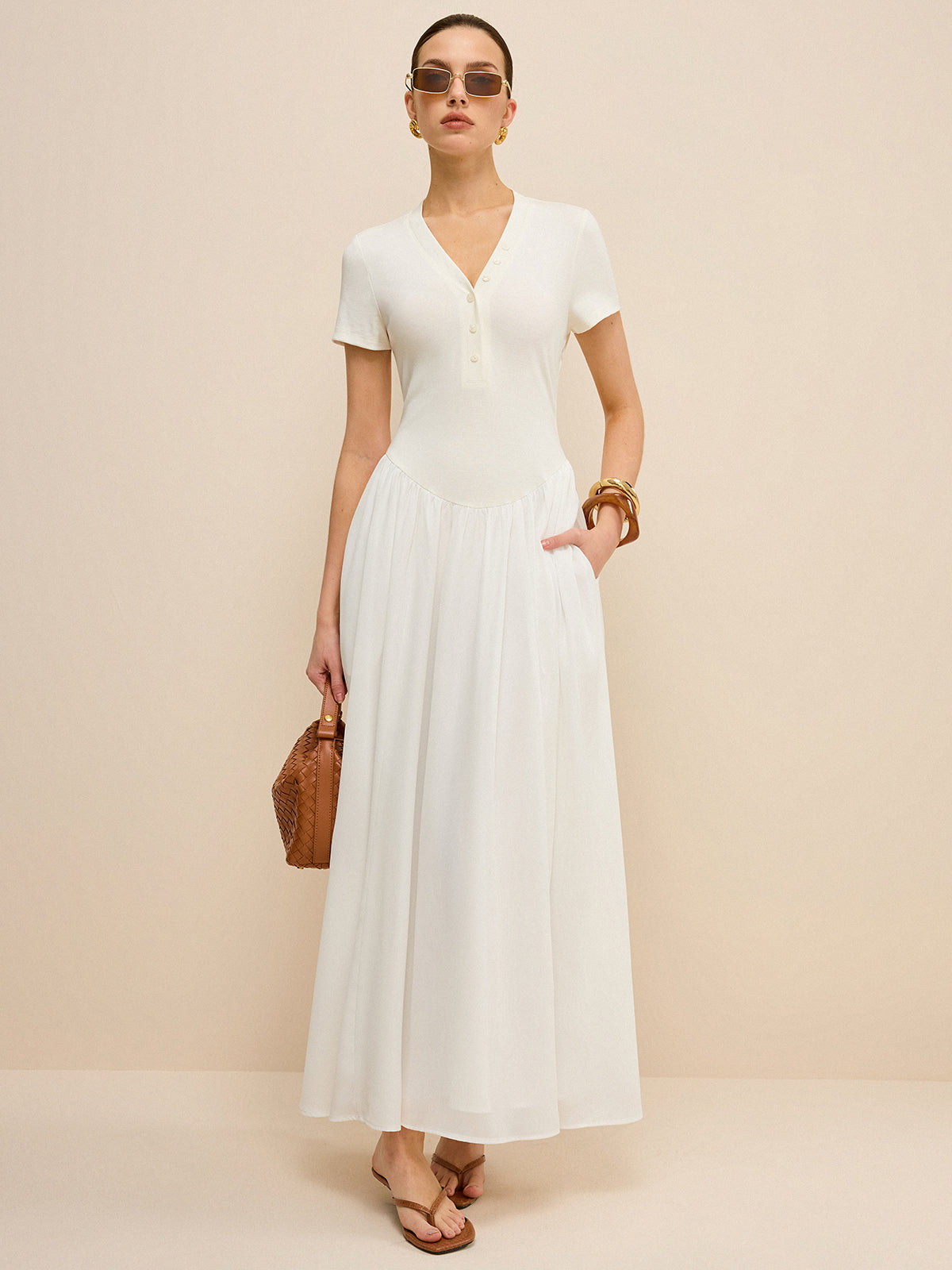 Button-Placket V-Neck Maxi Dress