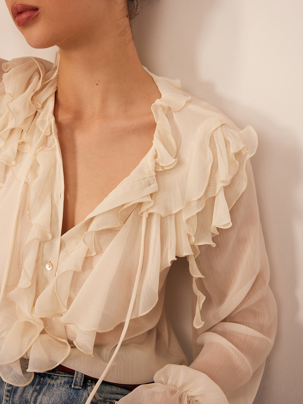 Semi-Sheer Ruffle Chiffon Breasted Blouse