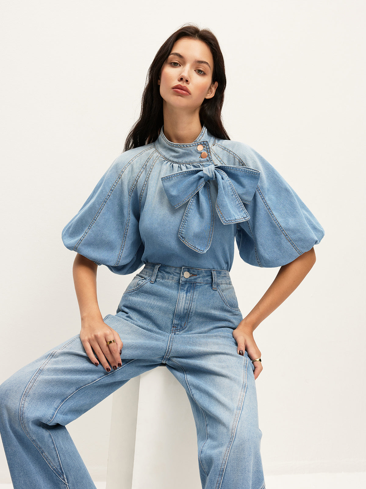 Denim Puff-Sleeve Top With Bow Detail