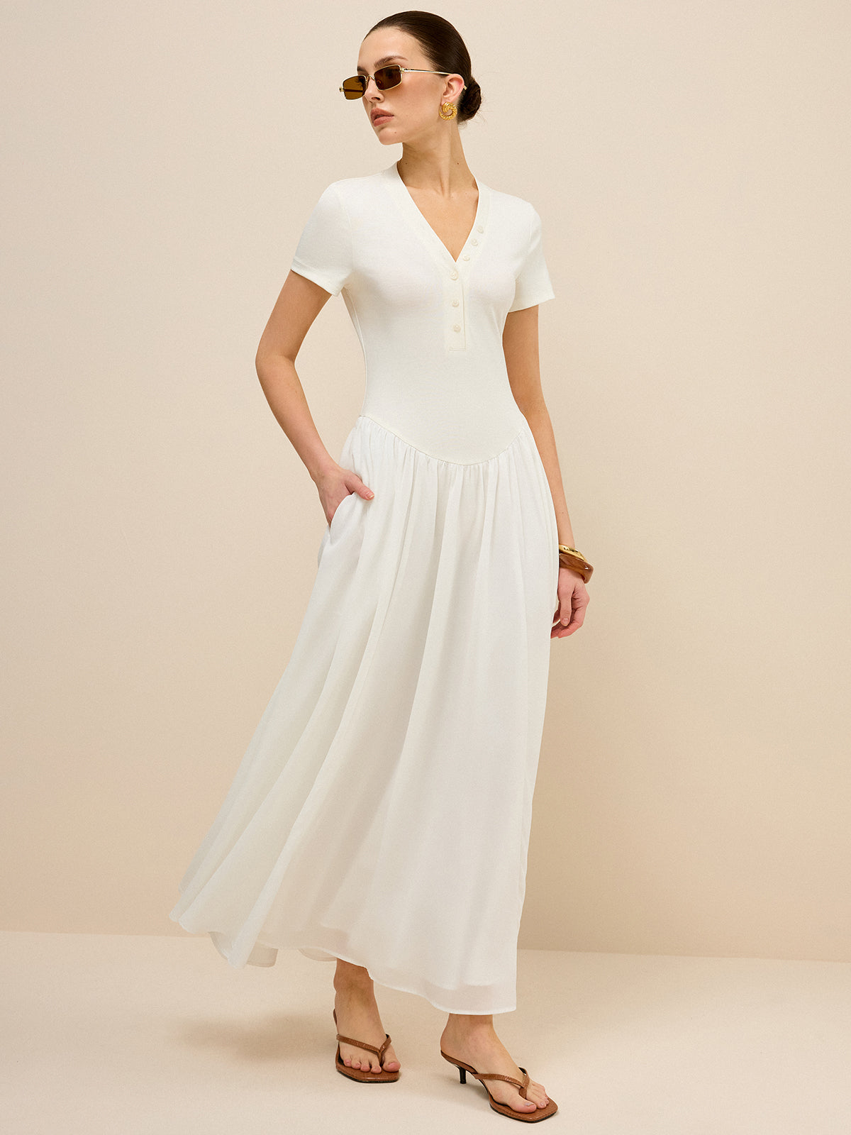 Button-Placket V-Neck Maxi Dress