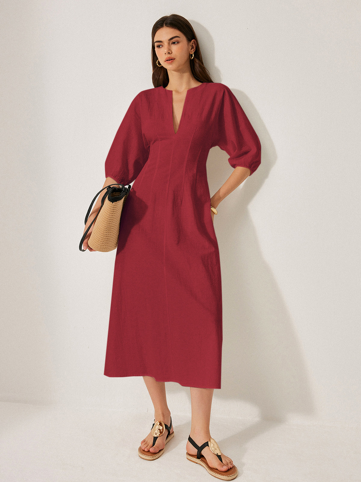 Cotton & Linen Puff Sleeve Dress Without Belt