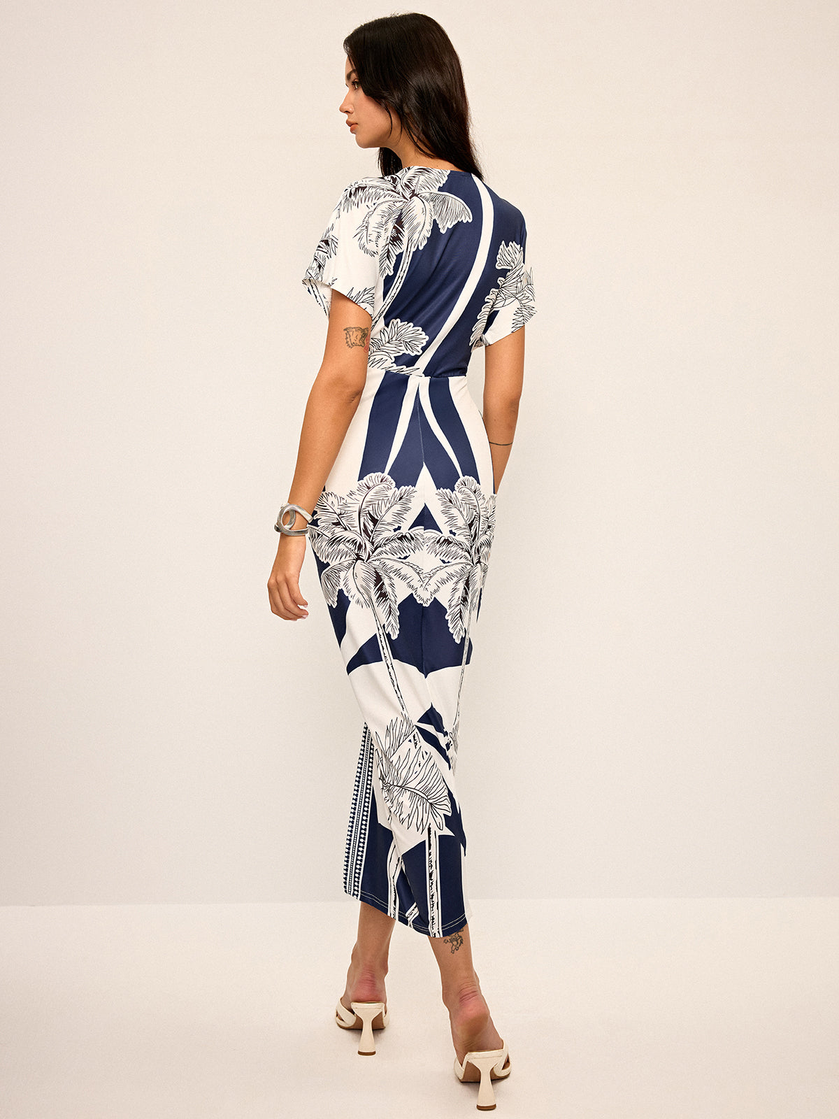 Printed Deep V-Neck Midi Dress Without Belt