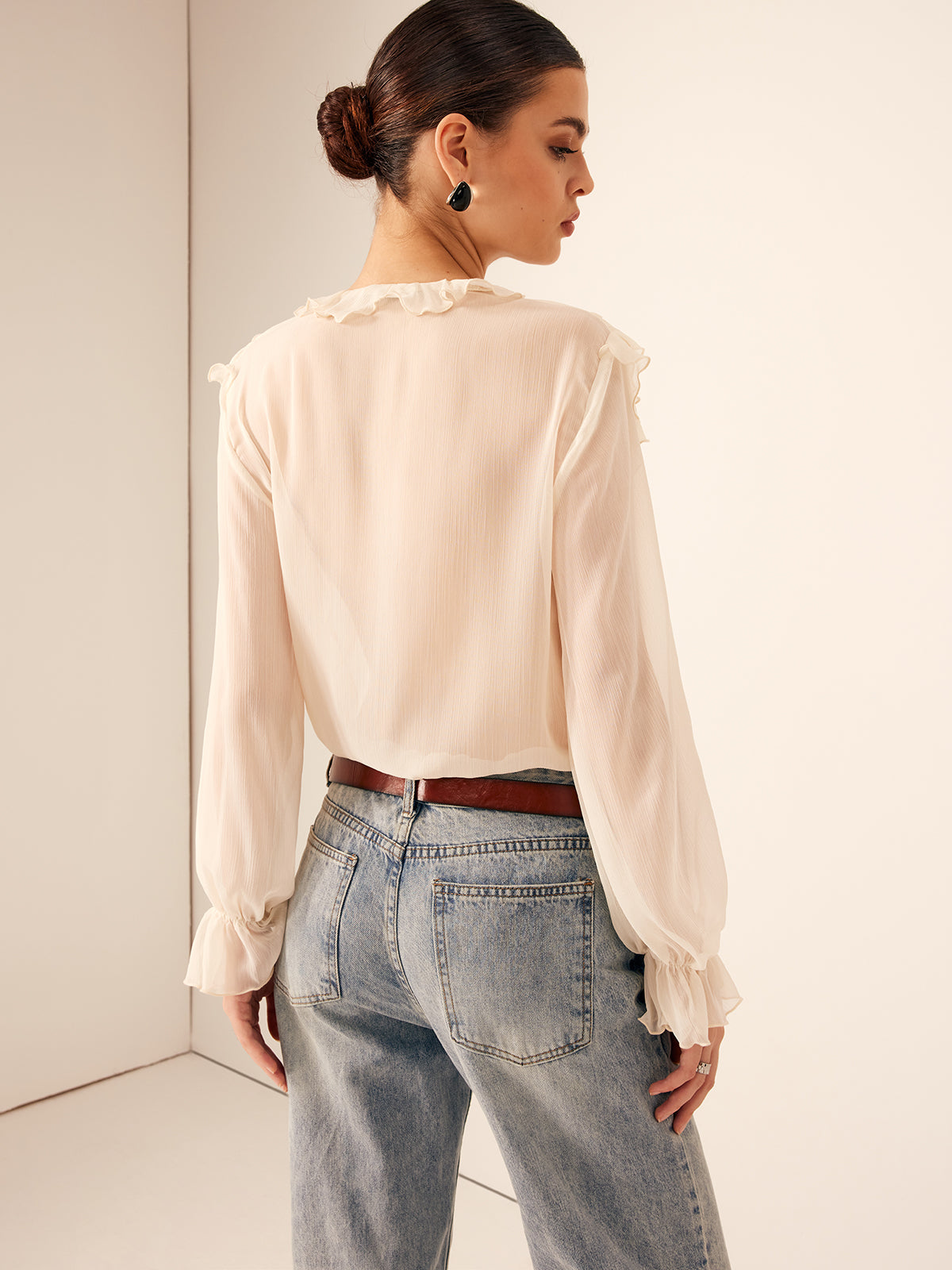 Semi-Sheer Ruffle Chiffon Breasted Blouse