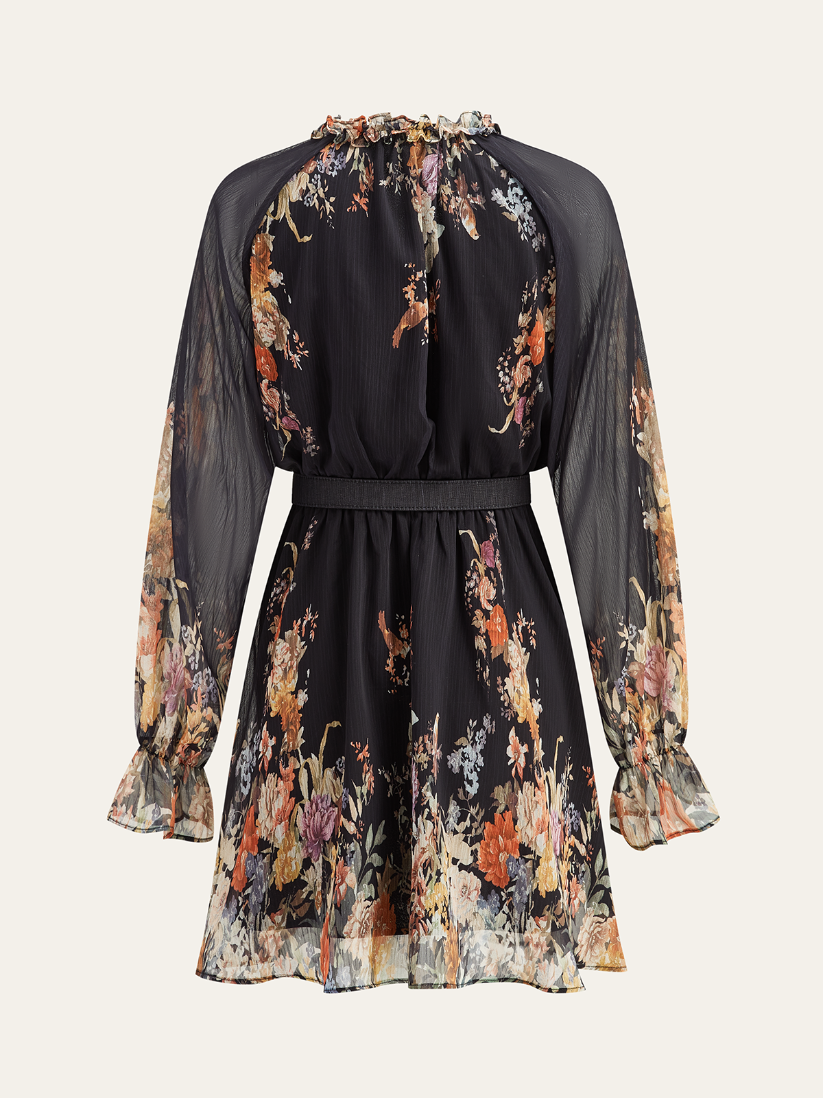 Semi-Sheer Chiffon Floral Print Belted Dress