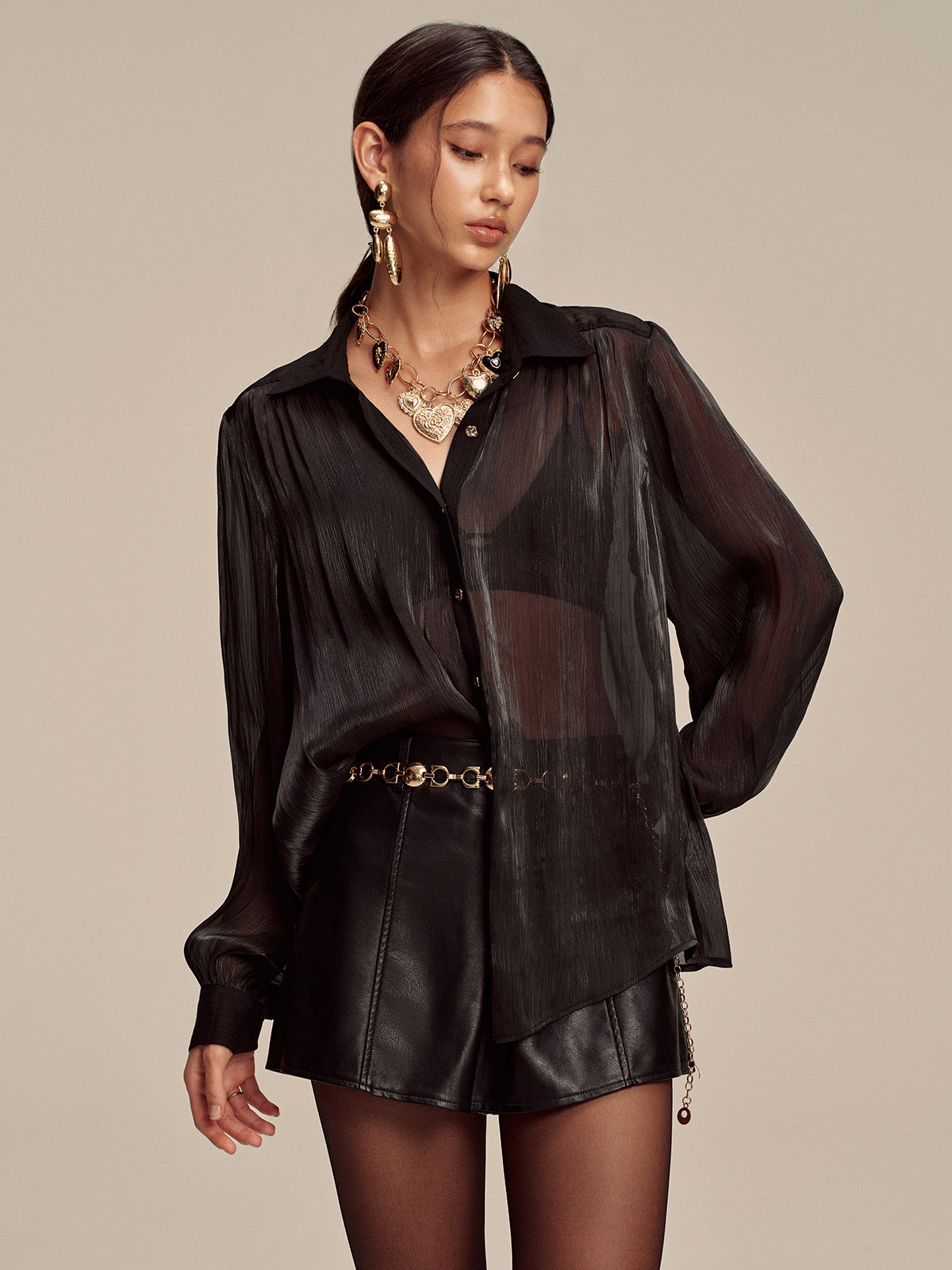 Sheer Chiffon Textured Metal Button Shirt
