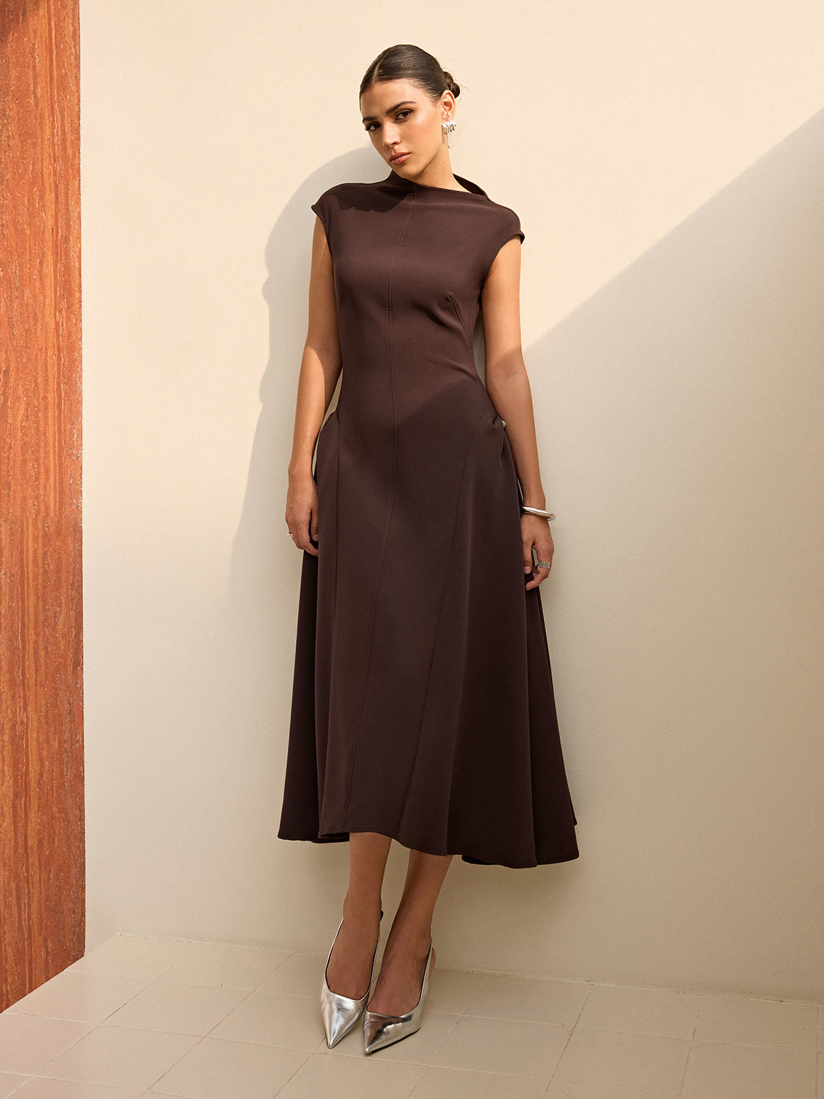 Asymmetrical Neck Cap Sleeve Maxi Dress