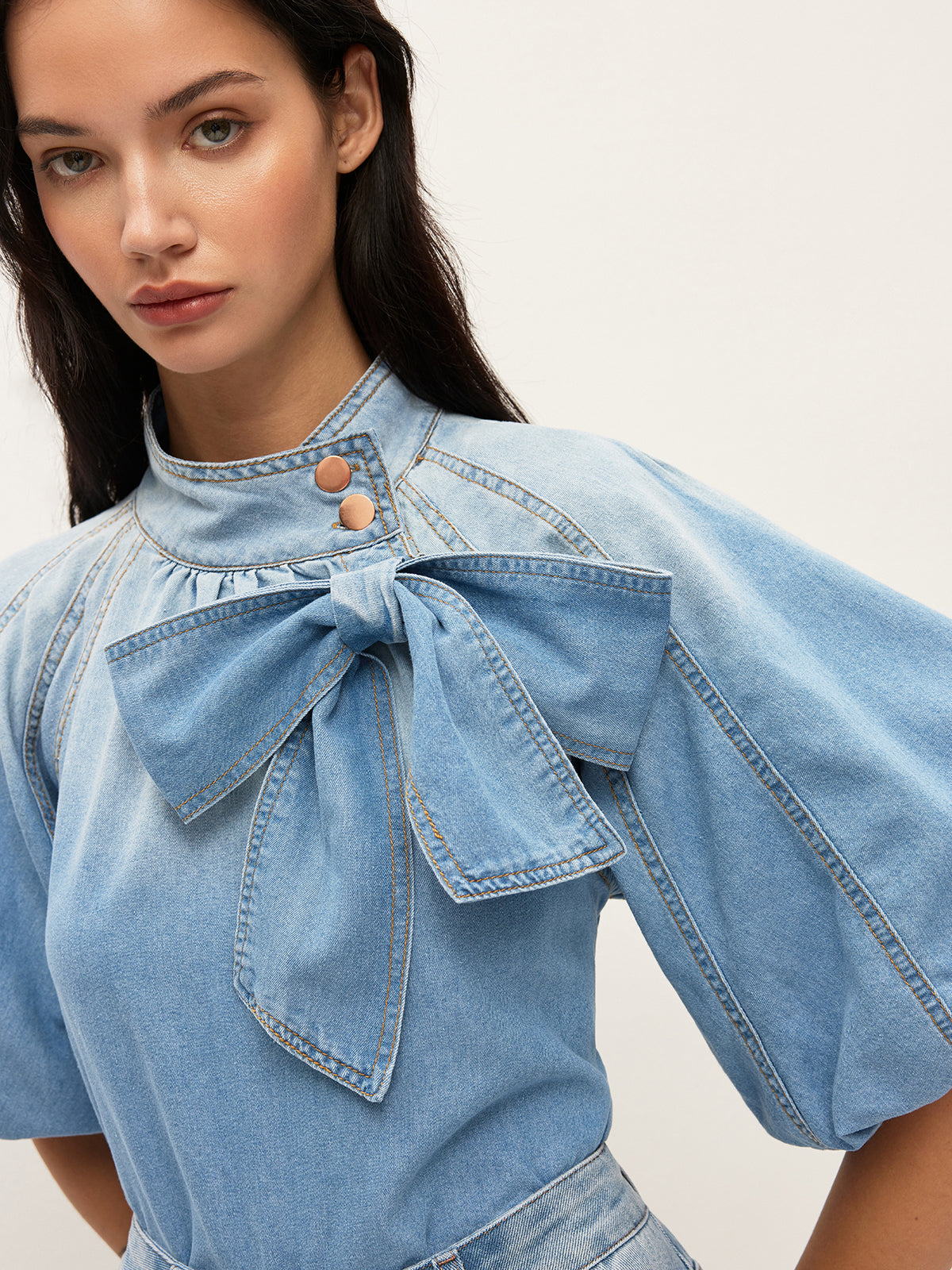 Denim Puff-Sleeve Top With Bow Detail