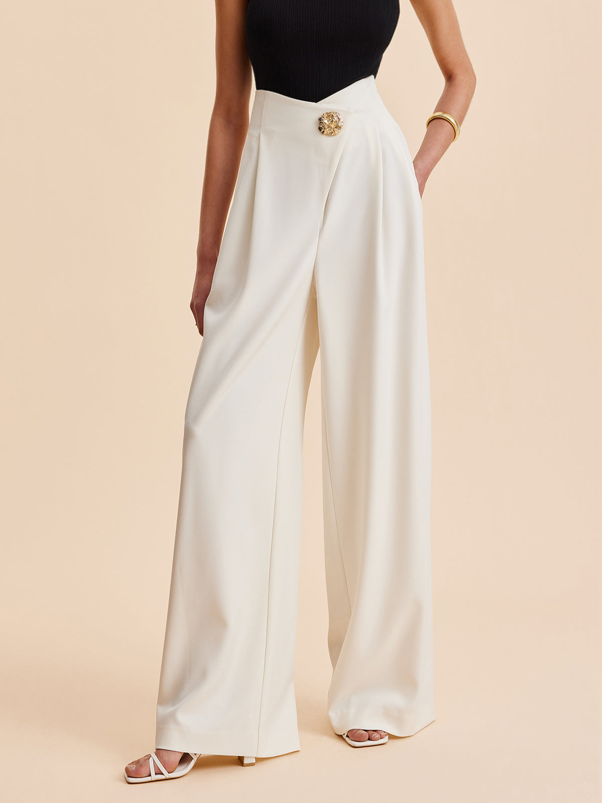 Embellished High-Waist Wide-Leg Pants