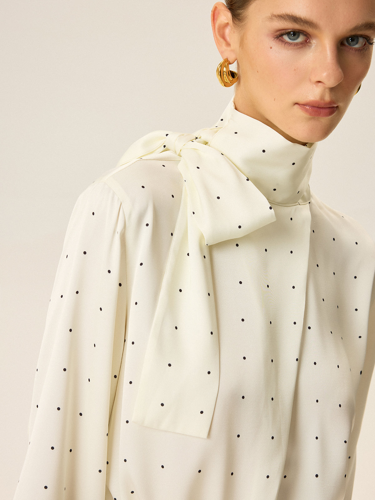 Polka Dot Satin High-Neck Blouse