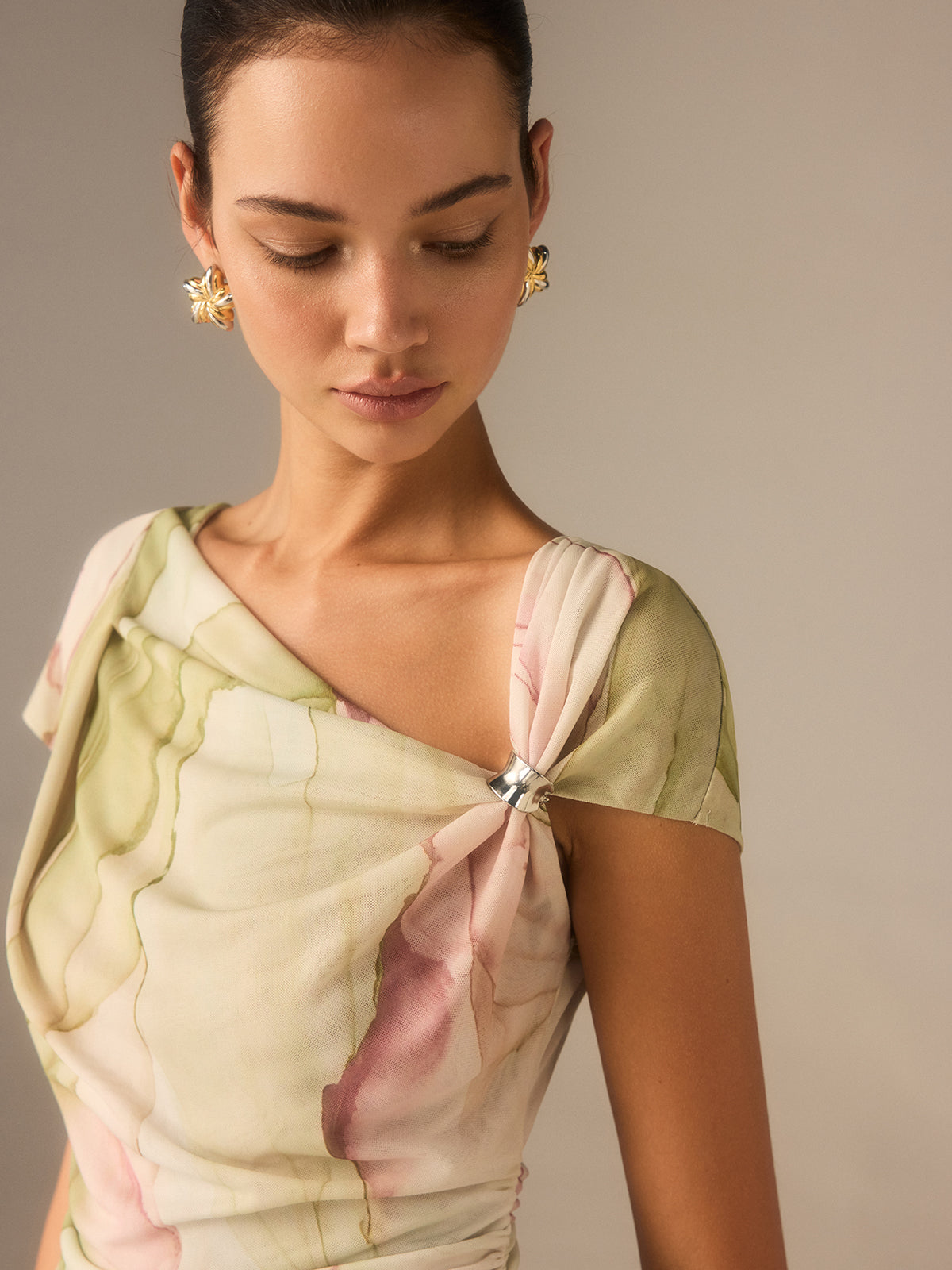 Print Asymmetric Neckline  Top