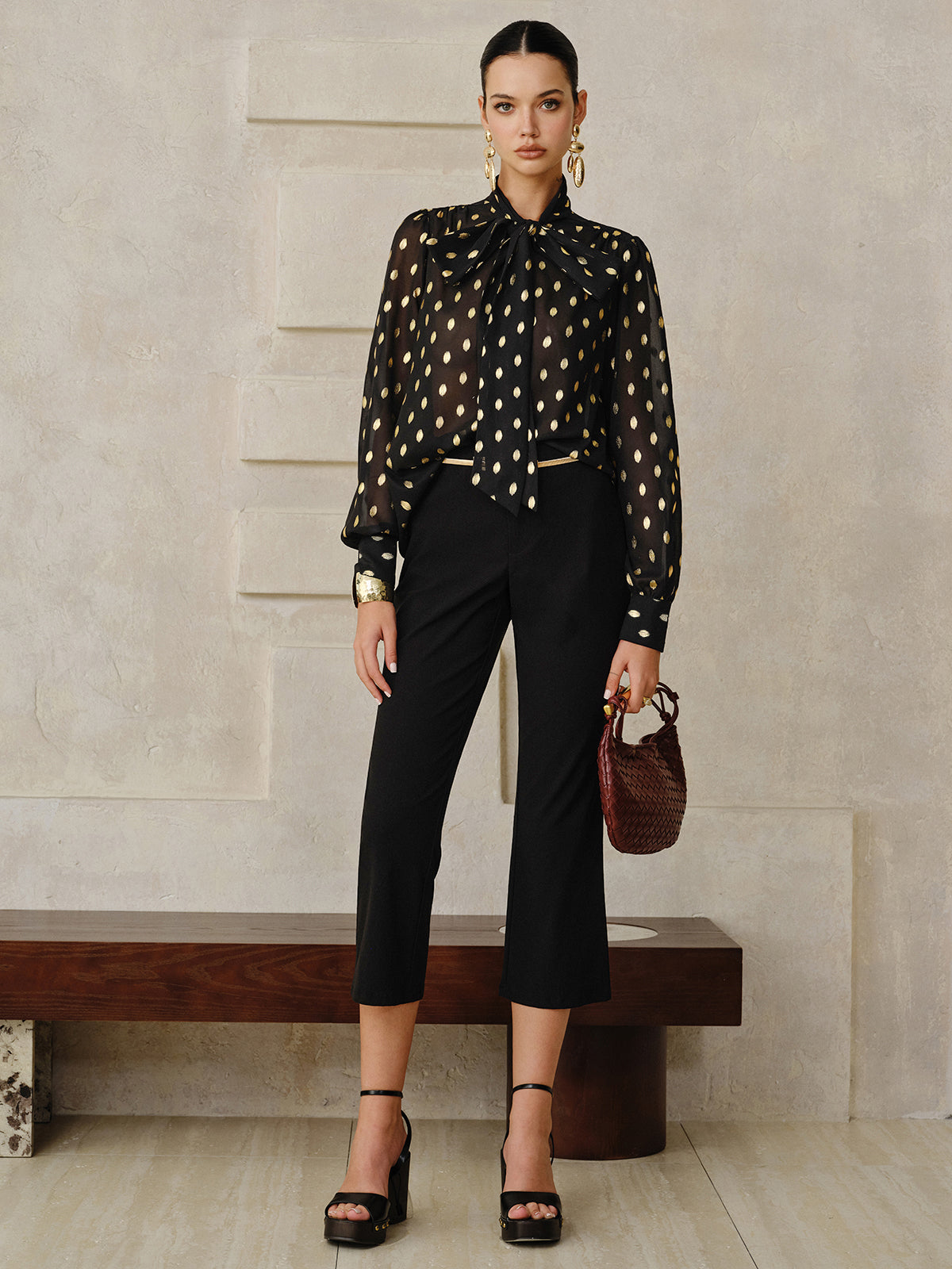 Polka Dot Bow Neckline Semi-Sheer Blouse