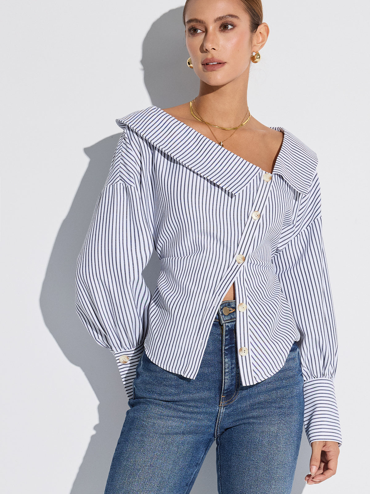 Striped Asymmetrical Placket Button Shirt