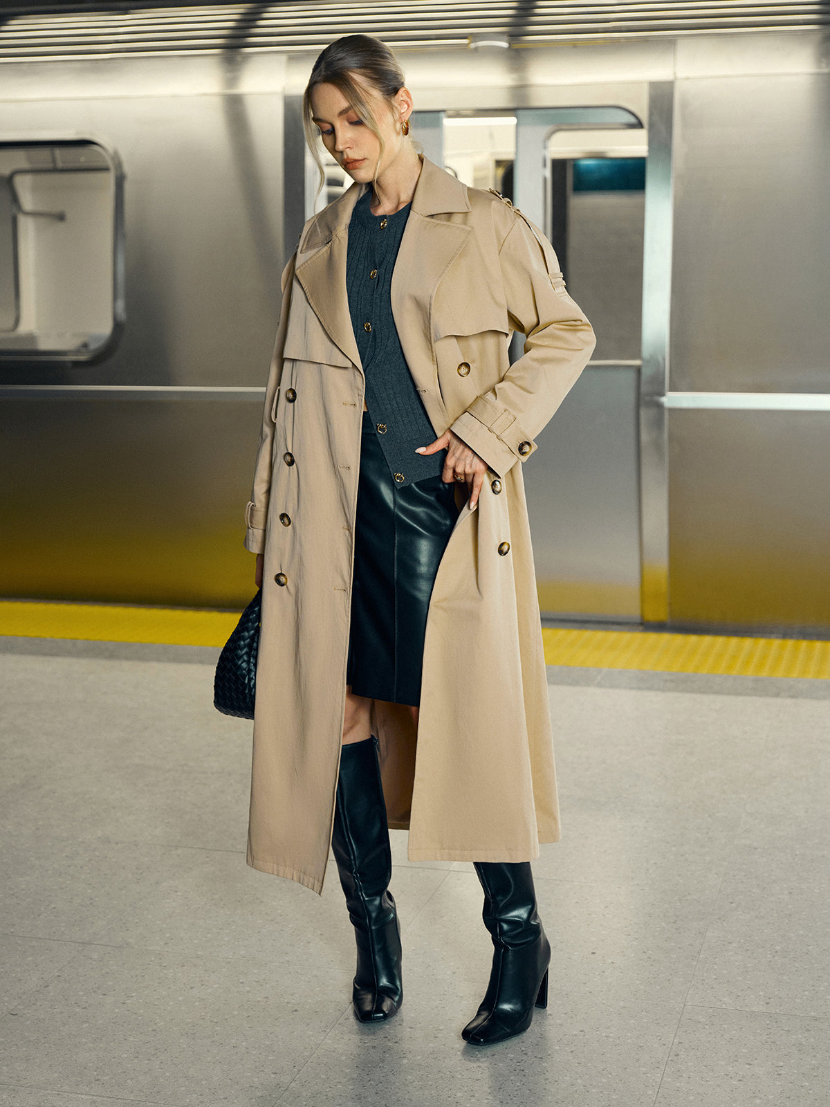 Cotton-Blend Double-Breasted Belted Long Trench Coat
