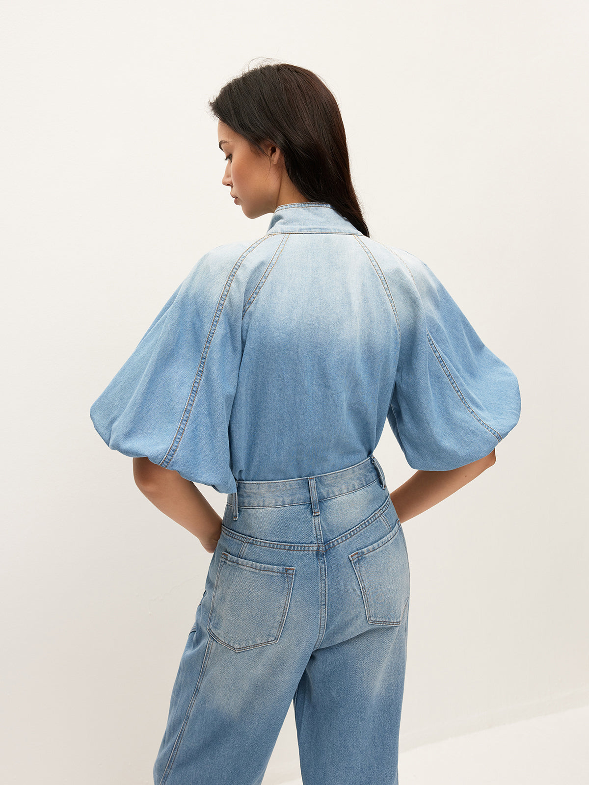 Denim Puff-Sleeve Top With Bow Detail
