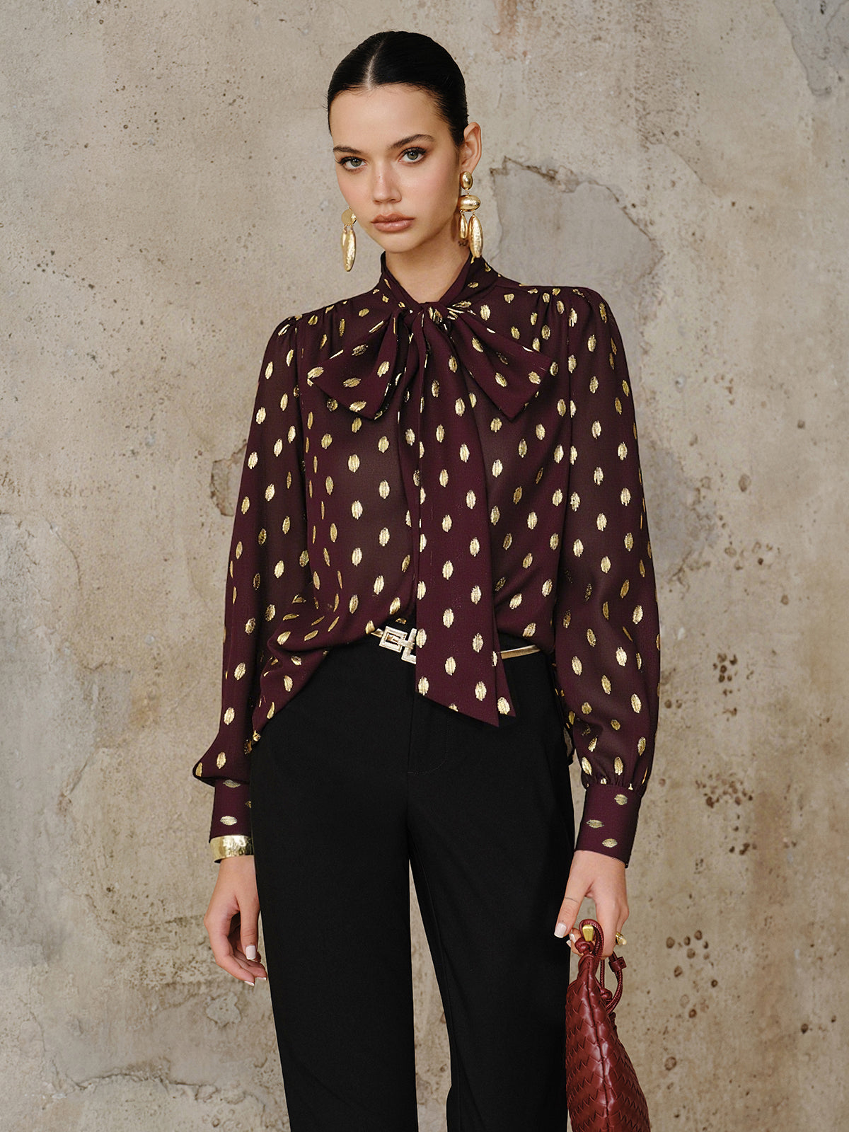 Polka Dot Bow Neckline Semi-Sheer Blouse