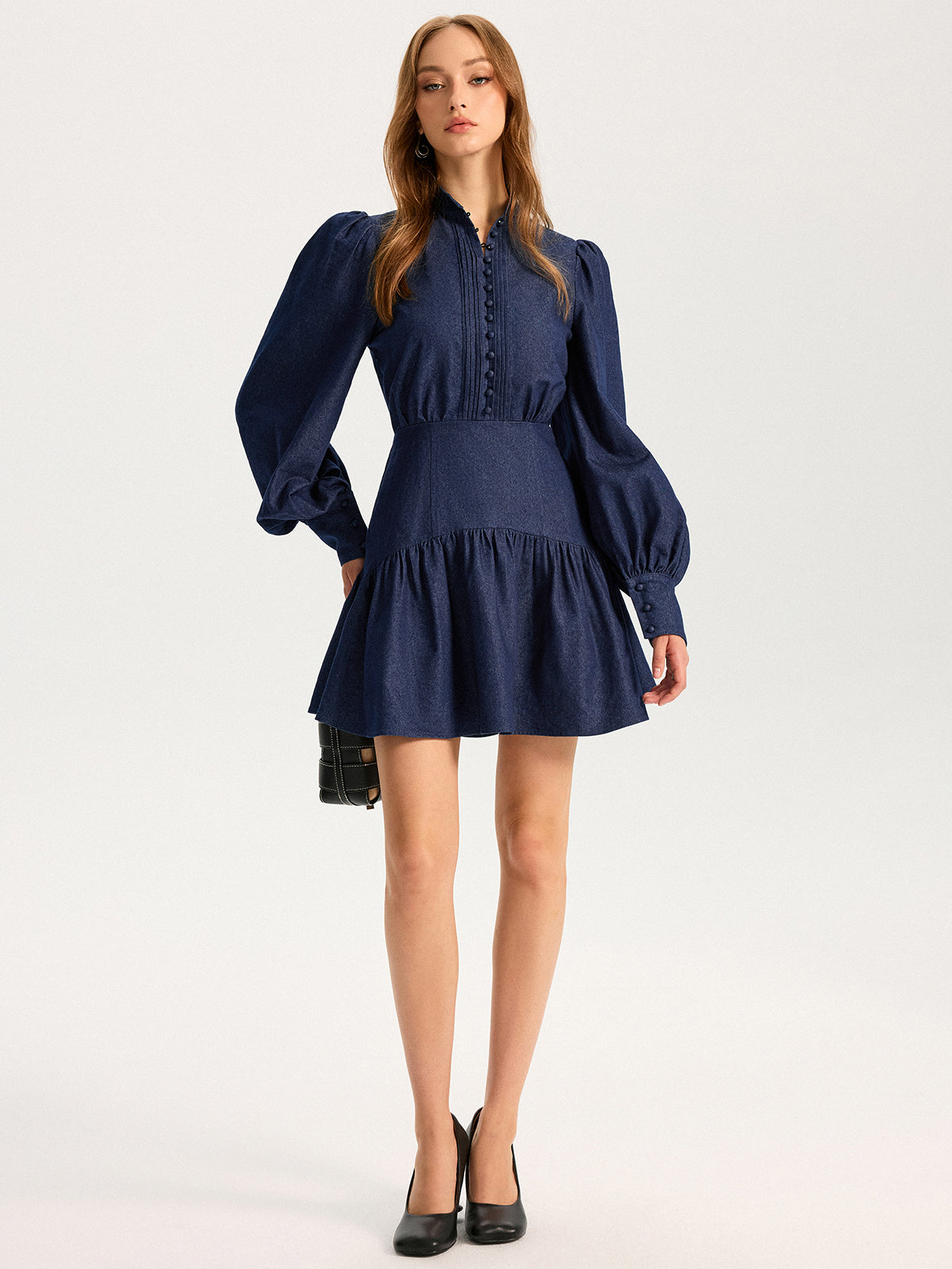 Denim Stand Collar Puff Sleeve Mini Dress